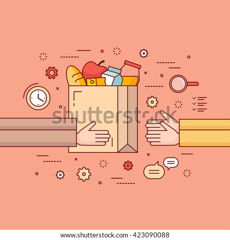 Thin line colorful vector illustration concept for food delivery service. Delivery from grocery store. Delivery of food from courier to customer. Isolated on bright background