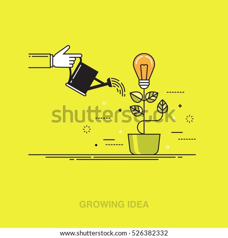Thin line colorful vector illustration of a hand watering light bulb, concept for creative innovative work, investing into ideas, growing business, innovation isolated on bright background