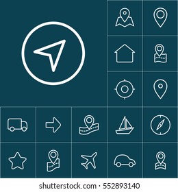 thin line compass icon on blue background, navigation set