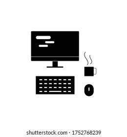 Thin line computer, keyboard, mouse and coffee mug vectors on white background. Office equipment isolated in one illustration. Minimalist business icons. Simple workplace symbols.