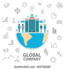 Thin Line concept of global company. Global business icons set. Corporation and people of different races on the globe. Flat line vector illustration