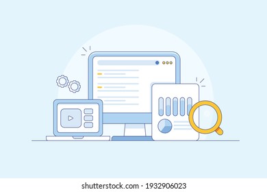 Thin line concept of SEO data analysis, website analytics, digital marketing audit, SEO report - vector illustration with icons