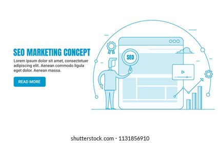 Thin line concept of SEO marketing, Search engine analysis flat design vector isolated on white background