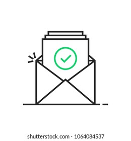 thin line confirmation email logo. linear flat style trend modern ui logotype graphic button design isolated on white background. concept of reminder e-mail with checkbox or reading sms or popup