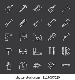 thin line construction tools icons set on dark background