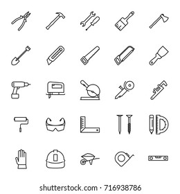thin line construction tools icons set on white background