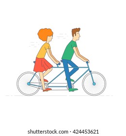 Thin line Couple riding tandem bicycle isolated. Walking, sports, traveling. Flat design vector illustration.