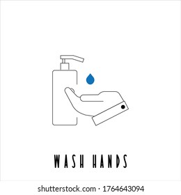 Thin line COVID-19 prevention tools; vector for disinfecting and sanitizing your hands at home and office. Indoor outdoor Coronavirus protection rules. Keep your hands clean to not spread 2019-ncov 