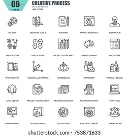 Thin line creative process and project workflow icons set for website and mobile site and apps. Contains such Icons as Inspiration, Big Idea. 48x48 Pixel Perfect. Editable Stroke. Vector illustration.