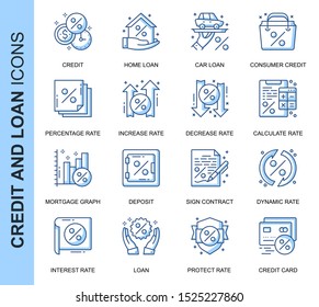 Thin Line Credit and Loan Related Vector Icons Set for Website and Mobile Site and Apps. Outline icons design. Contains such Icons as Rate Calculator, Credit, Deposit and more. Linear Pictogram Pack.