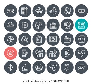 Thin line cryptocurrency icons set. Premium quality outline symbol collection of blockchain technology, bitcoin, altcoins, mining, finance, digital money market, cryptocoin wallet, stock exchange.