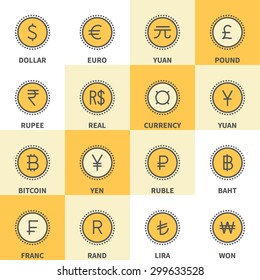 Thin line currency icons: dollar, euro, yen, yuan, brazilian real, indian rupee, russian ruble, turkish lira, swiss franc, british pound, bitcoin, currency, thai baht, korean won, south african rand.