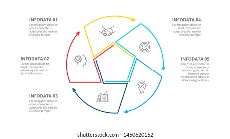 Thin line cycle infographic with arrows. Modern concept design template with 5 options, steps or parts. Flat vector illustration for business presentation.