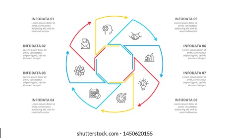 Thin line cycle infographic with arrows. Modern concept design template with 8 options, steps or parts. Flat vector illustration for business presentation.