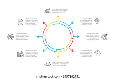 Thin line cycle infographic with arrows. Modern concept design template with 8 options, steps or parts. Flat vector illustration for business presentation.