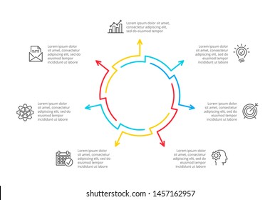 Thin line cycle infographic with arrows. Modern concept design template with 7 options, steps or parts. Flat vector illustration for business presentation.