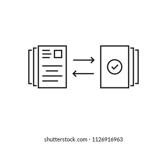 thin line data or document transfer. concept of evaluate, approval or review doc like paper work and synchronization of information. stroke flat modern logotype graphic art design isolated on white