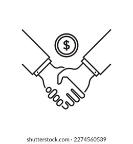 thin line deal icon with handshake and coin. concept of great deal between two people or easy collaboration and relation. simple linear modern logotype graphic design isolated on white background