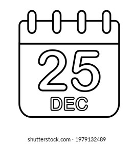 Thin line December 25 calendar vector icon on a white background. Fully editable and royalty-free.