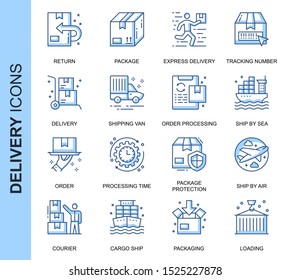 Thin Line Delivery Related Vector Icons Set for Website and Mobile Site and Apps. Outline icons design. Contains such Icons as Express Delivery, Tracking Number Search and more. Linear Pictogram Pack.