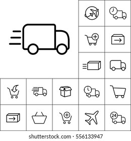 thin line delivery truck icon on white background, shipping icons set