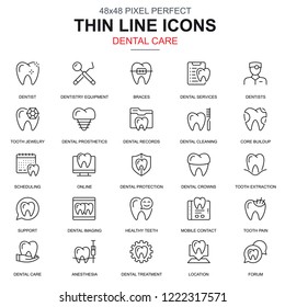 Thin line dental care, dentistry equipment icons set for website and mobile site and apps. Contains such Icons as Dentist, Braces. 48x48 Pixel Perfect. Linear pictogram pack. Vector illustration.