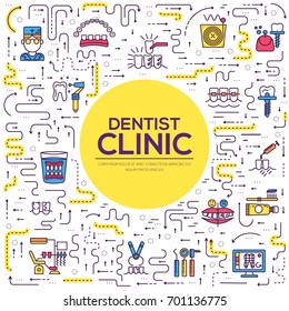 Thin line dentist clinic baking brochure cards set.  Dent instruments template of flyear, magazines, poster, book cover, banners. Outline medical invitation concept.