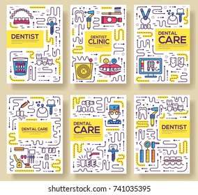 Thin line dentist clinic baking brochure cards set. Dent instruments template of flyear, magazines, poster, book cover, banners. Outline medical invitation concept