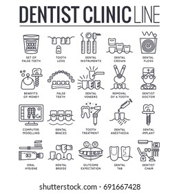 Thin line dentist clinic concept icon set.  Flat outline dent instruments vector illustration concept design.