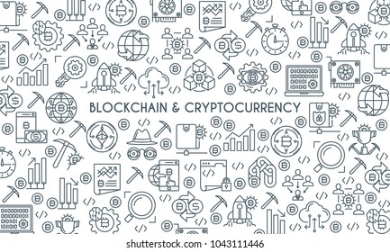 Thin line design banner on theme blockchain and cryptocurrency. Finance computer network signs. Vector illustration