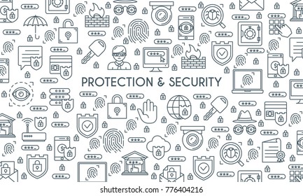 Thin line design banner on theme security and protection. Internet security, data protection. Vector illustration