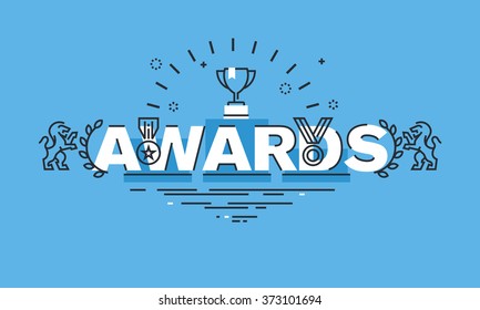 Thin line design concept for awards website banner. Vector illustration concept for information about awards for the business success, sports achievements, quality of products, charity work, science.