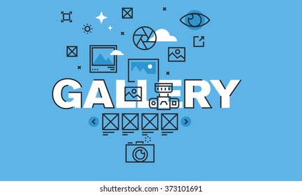 Thin Line Design Concept For Gallery Website Banner. Vector Illustration Concept For Designer Or Art Portfolio, Travel Photo Gallery, Business And Company Presentation, Events Photos, Social Media.  