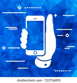 thin line design concept of mobile phone in hand icon on a blue Triangular Polygonal background