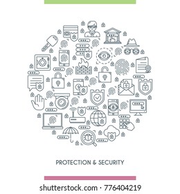 Thin line design concept on theme security and protection. Internet security, data protection. Vector illustration