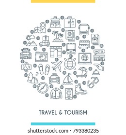 Thin line design concept on theme tourism. Travel and recreation signs. Vector illustration
