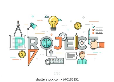 Thin line design concept for project website banner. Vector illustration concept for creative or technical process, preview of the finished projects, information about services, product development.