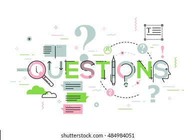Thin line design concept for questions website banner. Vector illustration for frequently asked questions and answers, client or customer support, product and service information.