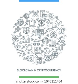 Thin line design concepte on theme blockchain and cryptocurrency. Finance computer network signs. Vector illustration