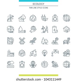 Thin line design icons on theme environment and ecology. Renewable energy and green technology signs. Vector illustration