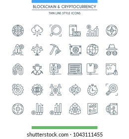 Thin line design icons on theme blockchain and cryptocurrency. Finance computer network signs. Vector illustration