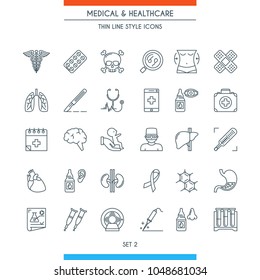 Thin line design icons on medical theme. Health insurance, medical service, healthcare, cardiology, pharmacy, medical equipment and first aid symbols. Vector illustration