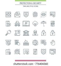 Thin line design icons set on theme security and protection. Internet security, data protection. Vector illustration