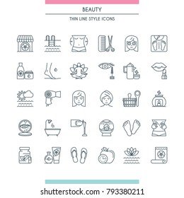 Thin line design icons set on theme beaty salon. Spa, recreation, wellness and beauty signs. Vector illustration