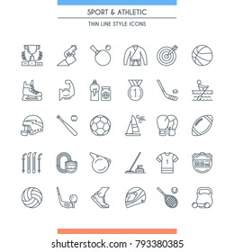 Thin line design icons set on theme sports and athletics. Vector illustration