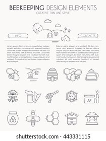 Thin line design kit with honey and beekeeping icons. Minimalistic style. Bee farming illustration. Monochrome.