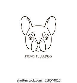 Thin line design logotype. Vector image of dog head on white background. Cute dog, face of french bulldog.