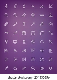 Thin line design tools icons set for web and mobile apps. White icons on the blurred purple background. Pen, tool, scissors, stamp, alignment, computer