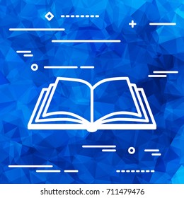 thin line design of white open book vector icon on a blue triangular polygonal background