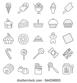 Thin Line Dessert And Sweet Vector Icon Set.